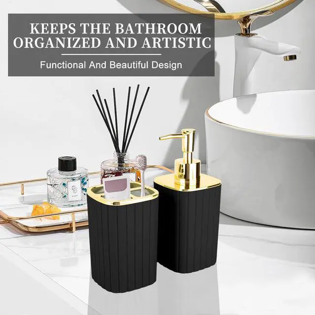Alt view image 5 of 7 - 2PCS Bathroom Accessories Set, Black and Gold Bathroom Accessories Include Soap Dispenser and Toothbrush Holder for Boho Bathroom Decor