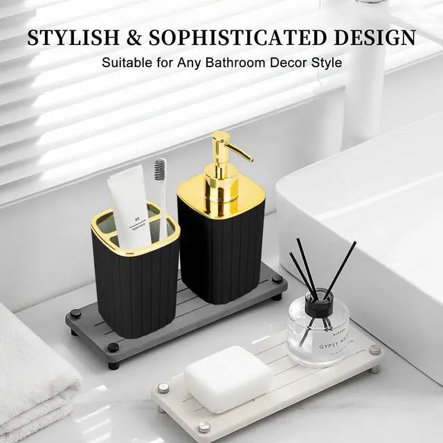 Alt view image 6 of 7 - 2PCS Bathroom Accessories Set, Black and Gold Bathroom Accessories Include Soap Dispenser and Toothbrush Holder for Boho Bathroom Decor