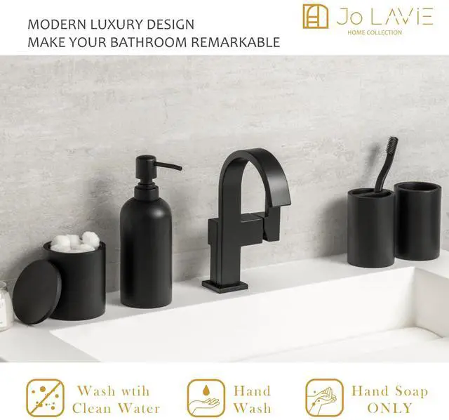 Alt view image 3 of 6 - Bathroom Accessory Set - 4 Pcs Matte Black Bathroom Set with Toothbrush Holder, Soap Dispenser, Tumbler & Cotton Swab Jar - Bathroom Vanity Countertop Organizer, Bathroom Decor Sets