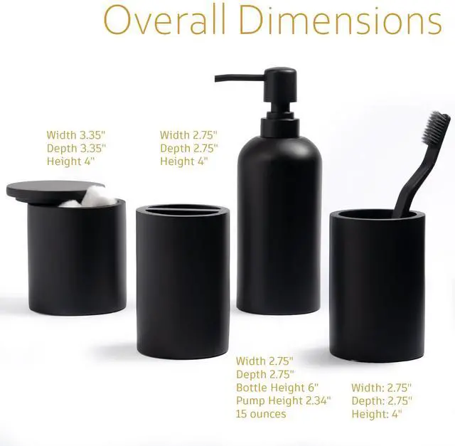 Alt view image 6 of 6 - Bathroom Accessory Set - 4 Pcs Matte Black Bathroom Set with Toothbrush Holder, Soap Dispenser, Tumbler & Cotton Swab Jar - Bathroom Vanity Countertop Organizer, Bathroom Decor Sets