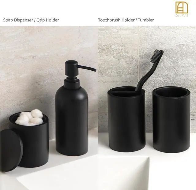 Alt view image 5 of 6 - Bathroom Accessory Set - 4 Pcs Matte Black Bathroom Set with Toothbrush Holder, Soap Dispenser, Tumbler & Cotton Swab Jar - Bathroom Vanity Countertop Organizer, Bathroom Decor Sets