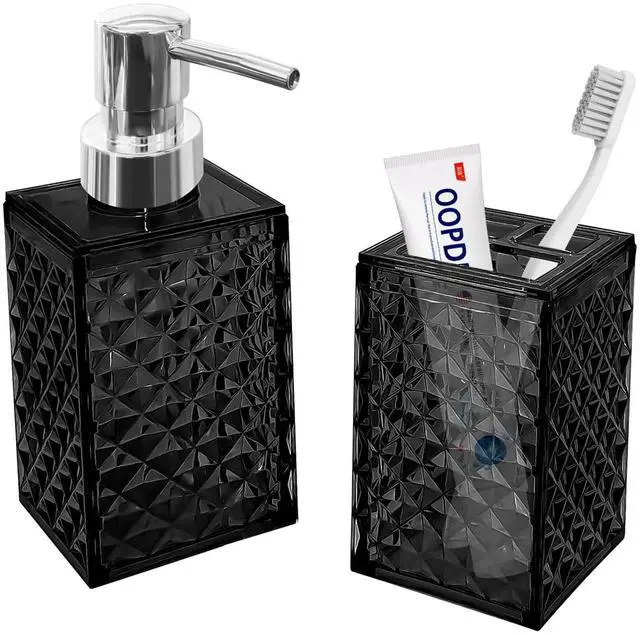 Main image of 2PCS Black Bathroom Accessories. Contain Soap Dispenser and Toothbrush Holder Set. Boho Bathroom Set for Blue Bathroom Décor