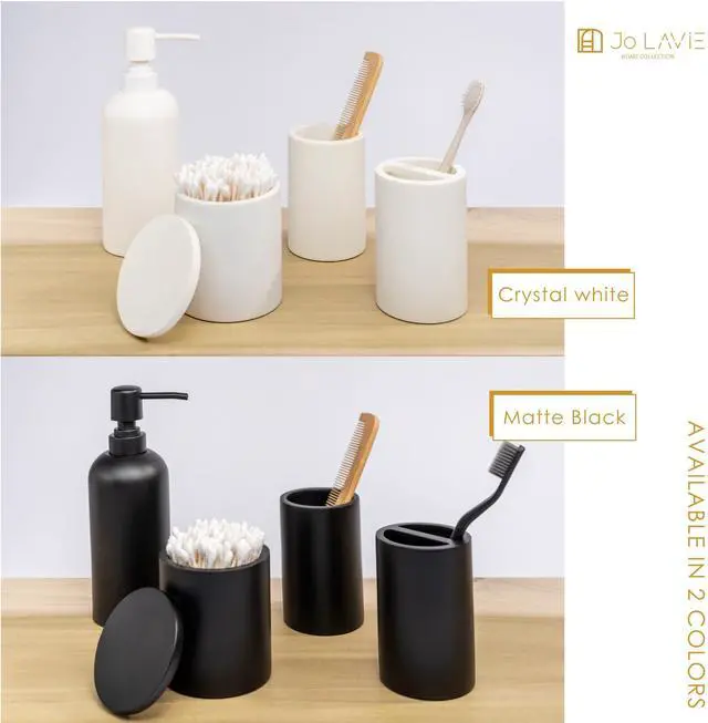 Alt view image 4 of 6 - Bathroom Accessory Set - 4 Pcs Matte Black Bathroom Set with Toothbrush Holder, Soap Dispenser, Tumbler & Cotton Swab Jar - Bathroom Vanity Countertop Organizer, Bathroom Decor Sets