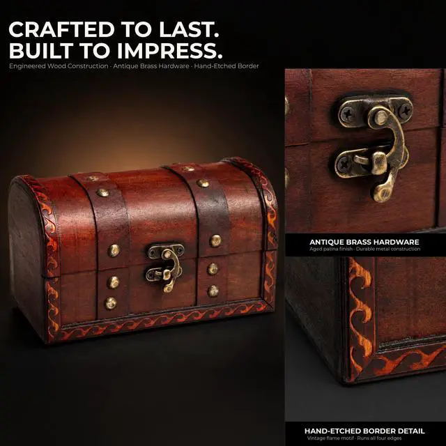 Alt view image 5 of 7 - Mini Wooden Treasure Chest, Engineered Wood Pirate Chest Decorative Box for Jewelry, Coins, Small Collectibles and Keepsakes, Vintage Rustic Antique Style Storage Wood Chest (6.7 x 3.9 x 3.9 Inch)