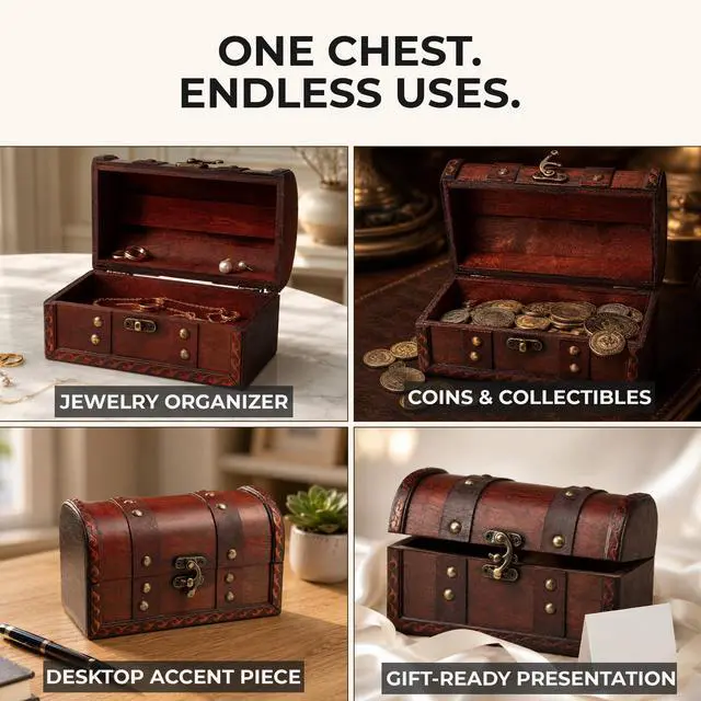 Alt view image 6 of 7 - Mini Wooden Treasure Chest, Engineered Wood Pirate Chest Decorative Box for Jewelry, Coins, Small Collectibles and Keepsakes, Vintage Rustic Antique Style Storage Wood Chest (6.7 x 3.9 x 3.9 Inch)