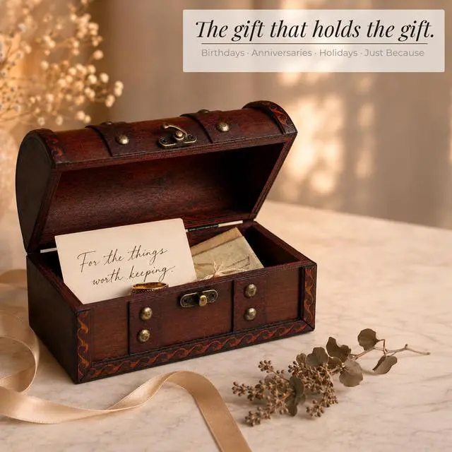 Alt view image 7 of 7 - Mini Wooden Treasure Chest, Engineered Wood Pirate Chest Decorative Box for Jewelry, Coins, Small Collectibles and Keepsakes, Vintage Rustic Antique Style Storage Wood Chest (6.7 x 3.9 x 3.9 Inch)
