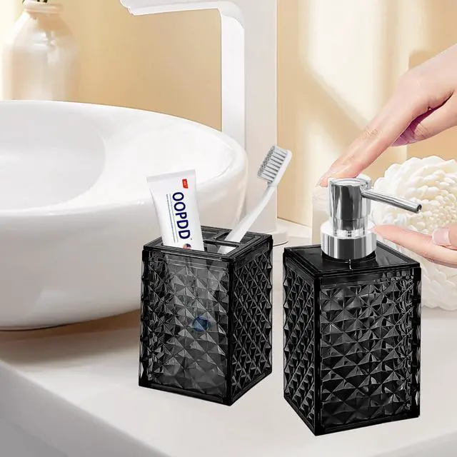 Alt view image 2 of 6 - 2PCS Black Bathroom Accessories. Contain Soap Dispenser and Toothbrush Holder Set. Boho Bathroom Set for Blue Bathroom Décor