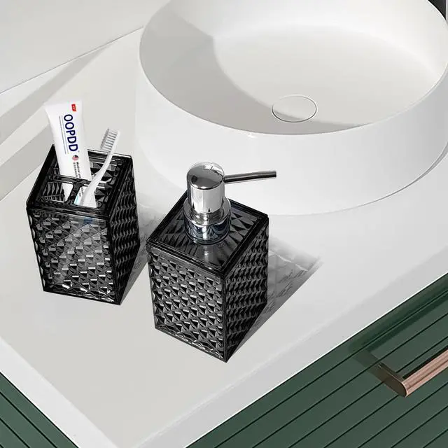 Alt view image 5 of 6 - 2PCS Black Bathroom Accessories. Contain Soap Dispenser and Toothbrush Holder Set. Boho Bathroom Set for Blue Bathroom Décor