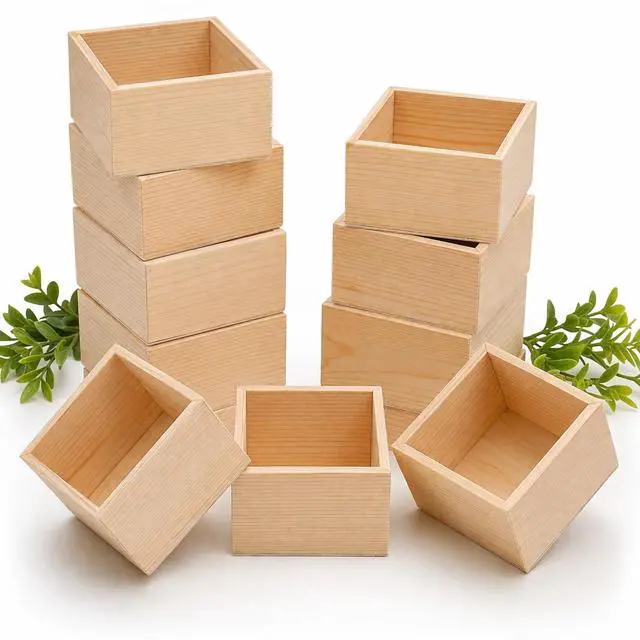 Main image of 10 Pack Unfinished Wood Boxes 4x4 Square Wooden Craft Boxes for DIY Projects, Jewelry Storage, Wedding Favors & Kids School Crafts Small Keepsake Box Set
