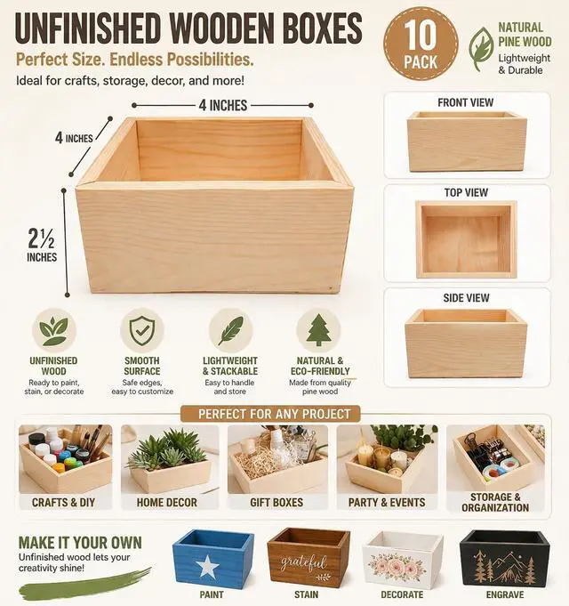Alt view image 2 of 6 - 10 Pack Unfinished Wood Boxes 4x4 Square Wooden Craft Boxes for DIY Projects, Jewelry Storage, Wedding Favors & Kids School Crafts Small Keepsake Box Set