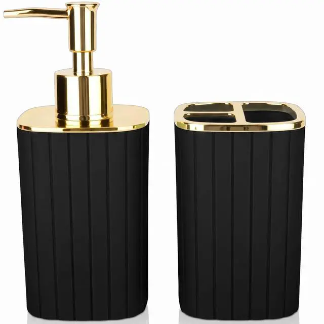 Main image of Bathroom Accessories Set 2 Pcs, Black Plastic Bathroom Set with Gold Color Cover Include Toothbrush Holder, Soap Dispenser, Bathroom Sets Accessories for Bathroom Decor