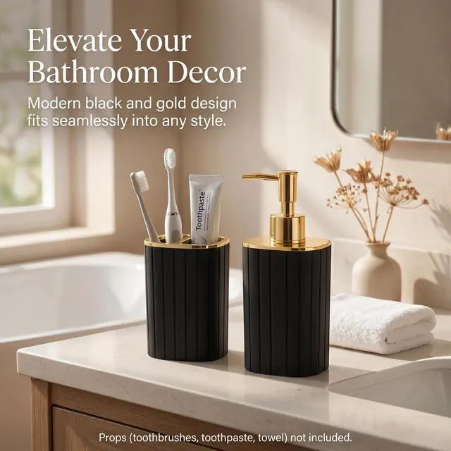 Alt view image 2 of 7 - Bathroom Accessories Set 2 Pcs, Black Plastic Bathroom Set with Gold Color Cover Include Toothbrush Holder, Soap Dispenser, Bathroom Sets Accessories for Bathroom Decor