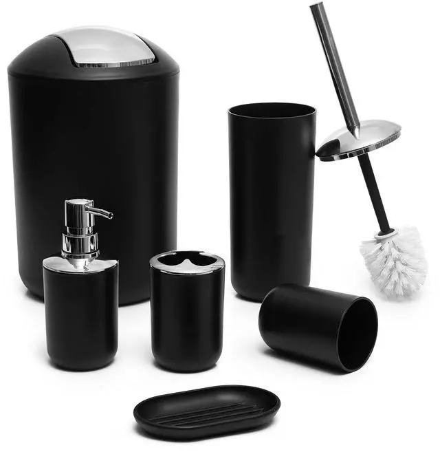 Main image of 6-Piece Bathroom Accessories Set Black Plastic Bathroom Set with Soap Dispenser, Toothbrush Holder, Cup & Soap Dish Modern Countertop Bathroom Decor
