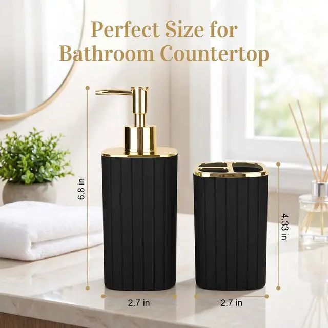 Alt view image 3 of 7 - Bathroom Accessories Set 2 Pcs, Black Plastic Bathroom Set with Gold Color Cover Include Toothbrush Holder, Soap Dispenser, Bathroom Sets Accessories for Bathroom Decor