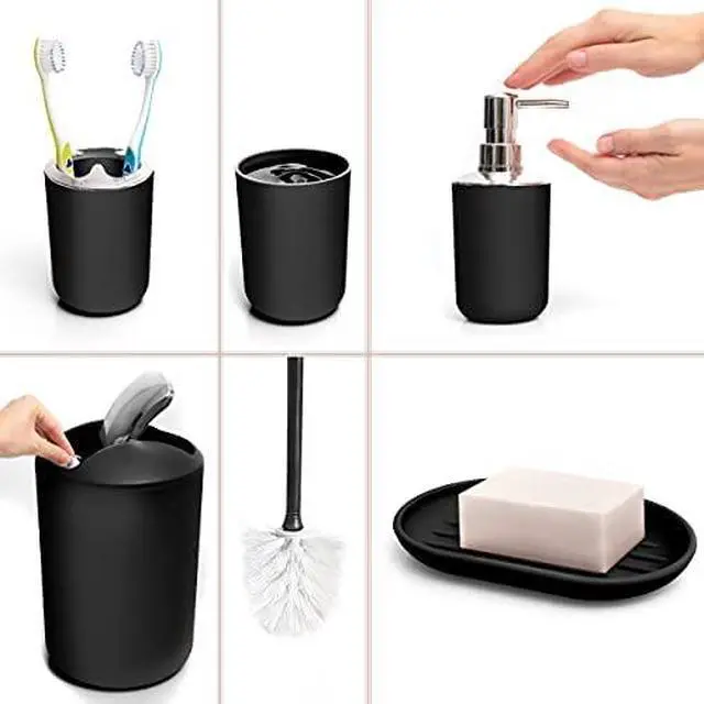 Alt view image 2 of 7 - 6-Piece Bathroom Accessories Set Black Plastic Bathroom Set with Soap Dispenser, Toothbrush Holder, Cup & Soap Dish Modern Countertop Bathroom Decor