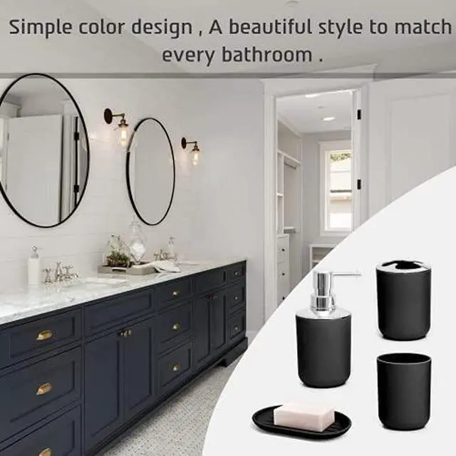 Alt view image 5 of 7 - 6-Piece Bathroom Accessories Set Black Plastic Bathroom Set with Soap Dispenser, Toothbrush Holder, Cup & Soap Dish Modern Countertop Bathroom Decor