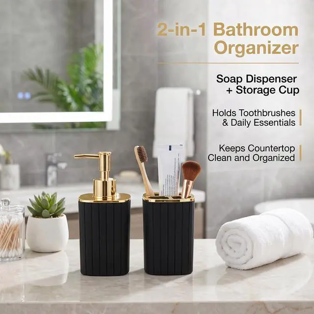 Alt view image 4 of 7 - Bathroom Accessories Set 2 Pcs, Black Plastic Bathroom Set with Gold Color Cover Include Toothbrush Holder, Soap Dispenser, Bathroom Sets Accessories for Bathroom Decor