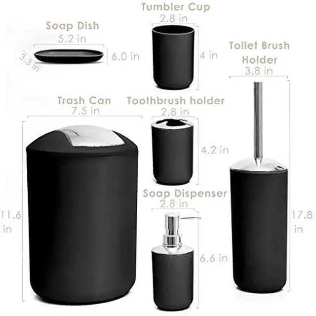 Alt view image 4 of 7 - 6-Piece Bathroom Accessories Set Black Plastic Bathroom Set with Soap Dispenser, Toothbrush Holder, Cup & Soap Dish Modern Countertop Bathroom Decor