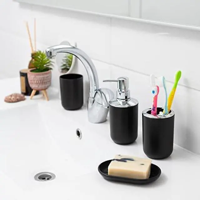 Alt view image 6 of 7 - 6-Piece Bathroom Accessories Set Black Plastic Bathroom Set with Soap Dispenser, Toothbrush Holder, Cup & Soap Dish Modern Countertop Bathroom Decor