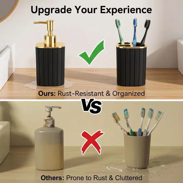 Alt view image 5 of 7 - Bathroom Accessories Set 2 Pcs, Black Plastic Bathroom Set with Gold Color Cover Include Toothbrush Holder, Soap Dispenser, Bathroom Sets Accessories for Bathroom Decor