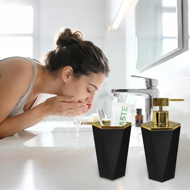 Alt view image 2 of 6 - 2 PCS Plastic Bathroom Accessories Set, Black Bathroom Accessories Include Soap Dispenser and Toothbrush Holder, Modern Bathroom Decor, Bathroom Sets Accessories
