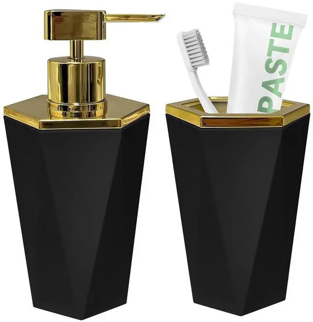 Main image of 2 PCS Plastic Bathroom Accessories Set, Black Bathroom Accessories Include Soap Dispenser and Toothbrush Holder, Modern Bathroom Decor, Bathroom Sets Accessories