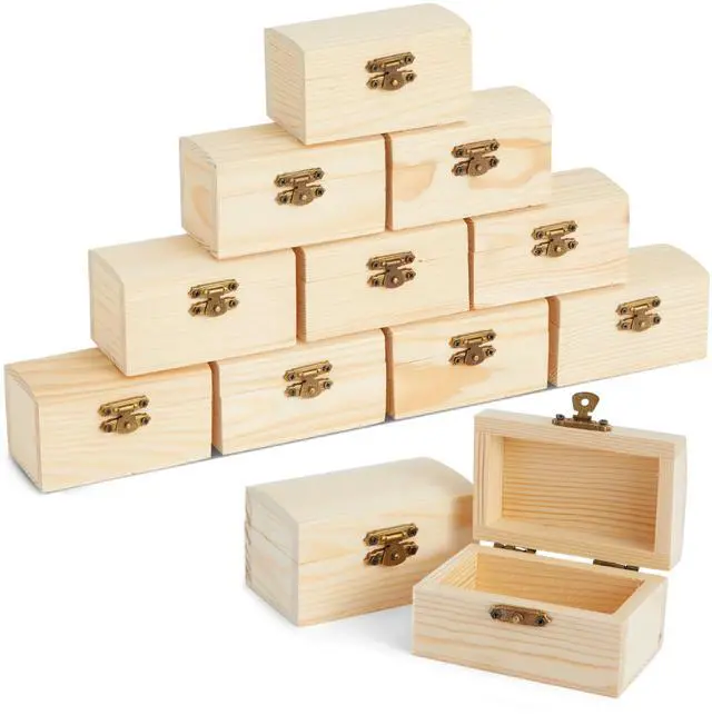 Main image of Baby Shower Decorations Mini Unfinished Wooden Treasure Boxes - 3.5 x 2.2 x 2 In, Brown, Pack of 12, Chest Style - Wooden Treasure Chest to Paint & Party Favors