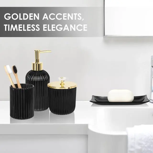 Alt view image 3 of 7 - Designer Black Glass Bathroom Accessories Sets - 4 Pcs with Lotion Soap Dispenser, Bathroom Toothbrush Holder, Vanity Tray, and Apothecary Jar, Vintage Bathroom Decor, Gift Countertop Organizer