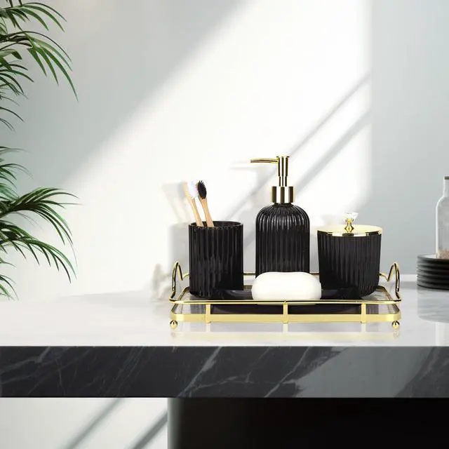 Alt view image 2 of 7 - Designer Black Glass Bathroom Accessories Sets - 4 Pcs with Lotion Soap Dispenser, Bathroom Toothbrush Holder, Vanity Tray, and Apothecary Jar, Vintage Bathroom Decor, Gift Countertop Organizer