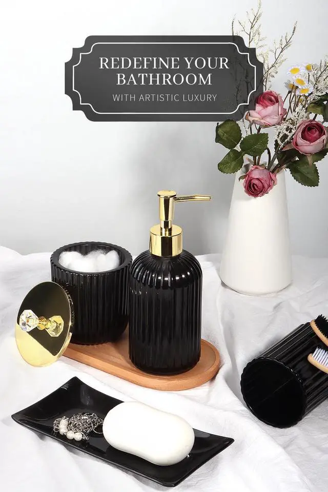 Alt view image 4 of 7 - Designer Black Glass Bathroom Accessories Sets - 4 Pcs with Lotion Soap Dispenser, Bathroom Toothbrush Holder, Vanity Tray, and Apothecary Jar, Vintage Bathroom Decor, Gift Countertop Organizer