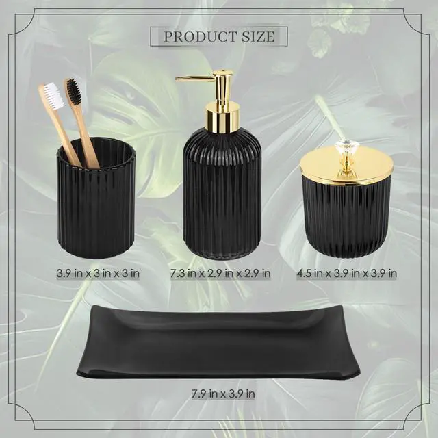Alt view image 5 of 7 - Designer Black Glass Bathroom Accessories Sets - 4 Pcs with Lotion Soap Dispenser, Bathroom Toothbrush Holder, Vanity Tray, and Apothecary Jar, Vintage Bathroom Decor, Gift Countertop Organizer