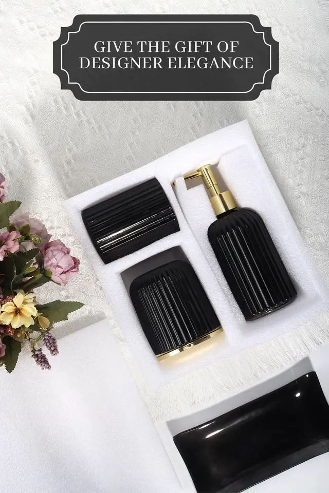 Alt view image 7 of 7 - Designer Black Glass Bathroom Accessories Sets - 4 Pcs with Lotion Soap Dispenser, Bathroom Toothbrush Holder, Vanity Tray, and Apothecary Jar, Vintage Bathroom Decor, Gift Countertop Organizer