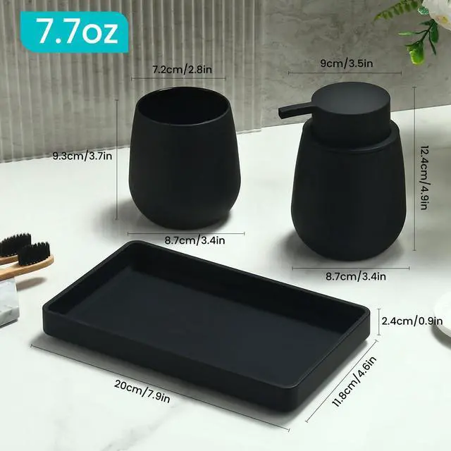 Alt view image 2 of 7 - Black Bathroom Accessories Set, Modern 3 Pcs Bathroom Essentials - Soap Dispenser, Toothbrush Holder & Tray, Countertop Vanity Organizer (Black)