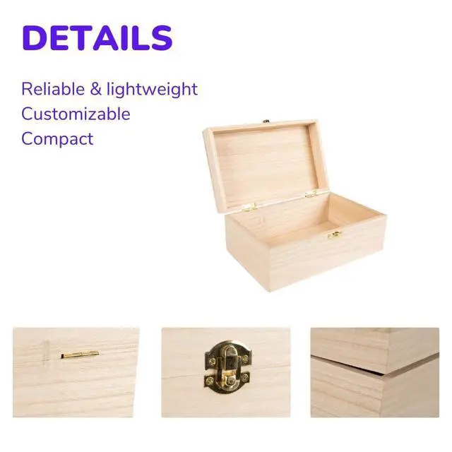 Alt view image 3 of 3 - Unfinished Wooden Keeper Box with Hinges and Latch Storage for Collectibles and Supplies