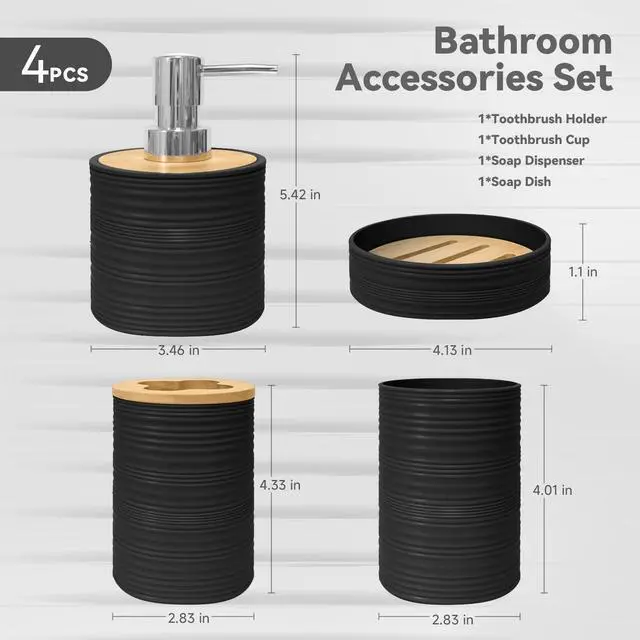 Alt view image 2 of 6 - Bathroom Accessories Set 4 PCS, Bathroom Sets Accessories, Bamboo Bathroom Accessory Set Includes Soap Dish, Soap Dispenser, Toothbrush Holder, Toothbrush Cup, Boho Bath Decor(Black)
