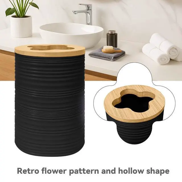 Alt view image 3 of 6 - Bathroom Accessories Set 4 PCS, Bathroom Sets Accessories, Bamboo Bathroom Accessory Set Includes Soap Dish, Soap Dispenser, Toothbrush Holder, Toothbrush Cup, Boho Bath Decor(Black)