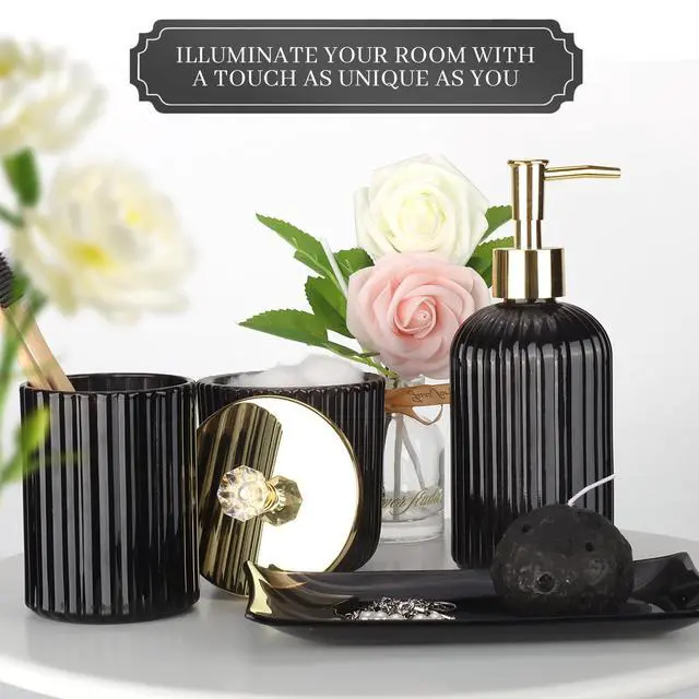 Alt view image 6 of 7 - Designer Black Glass Bathroom Accessories Sets - 4 Pcs with Lotion Soap Dispenser, Bathroom Toothbrush Holder, Vanity Tray, and Apothecary Jar, Vintage Bathroom Decor, Gift Countertop Organizer