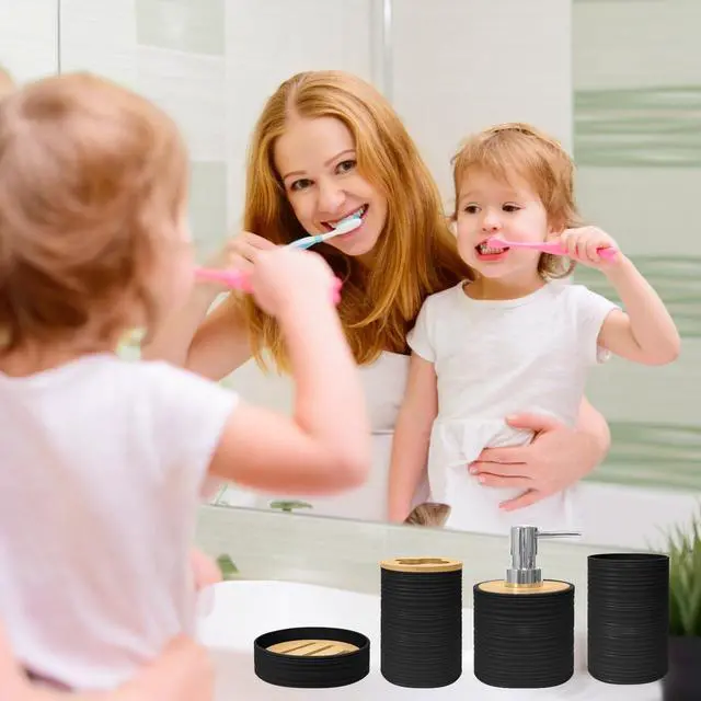 Alt view image 4 of 6 - Bathroom Accessories Set 4 PCS, Bathroom Sets Accessories, Bamboo Bathroom Accessory Set Includes Soap Dish, Soap Dispenser, Toothbrush Holder, Toothbrush Cup, Boho Bath Decor(Black)