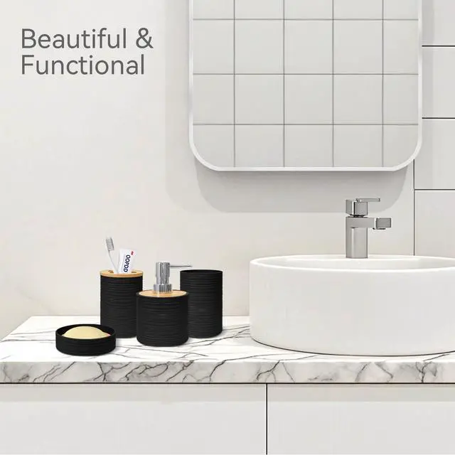 Alt view image 5 of 6 - Bathroom Accessories Set 4 PCS, Bathroom Sets Accessories, Bamboo Bathroom Accessory Set Includes Soap Dish, Soap Dispenser, Toothbrush Holder, Toothbrush Cup, Boho Bath Decor(Black)