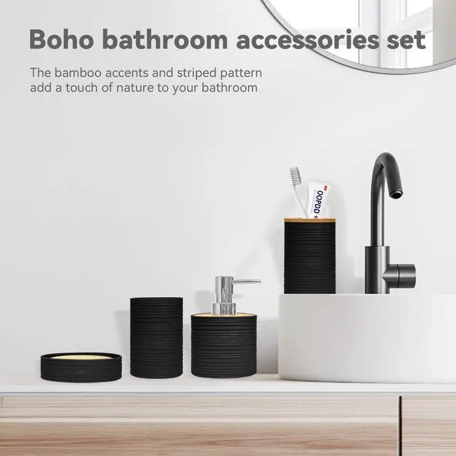 Alt view image 6 of 6 - Bathroom Accessories Set 4 PCS, Bathroom Sets Accessories, Bamboo Bathroom Accessory Set Includes Soap Dish, Soap Dispenser, Toothbrush Holder, Toothbrush Cup, Boho Bath Decor(Black)