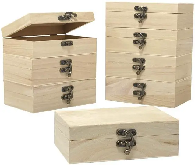 Main image of 8 Pack 6 X 4 X 2 Inch Unfinished Wooden Box For Crafts Small Keepsake Box Treasure Chest Wood Jewelry Box