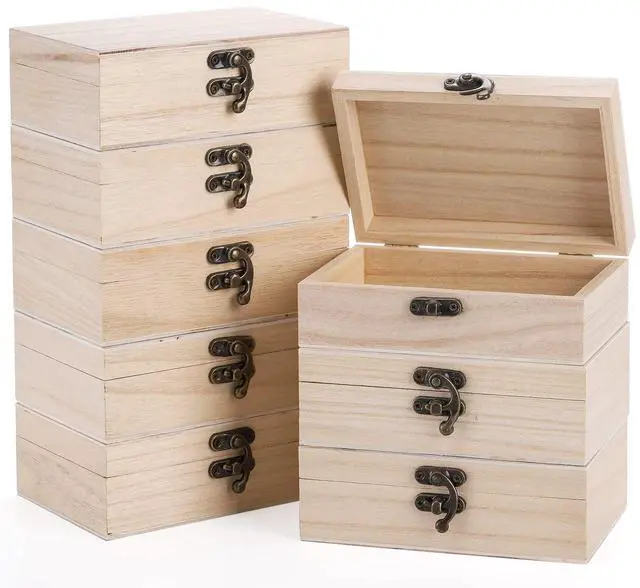 Main image of 8 Pack Unfinished Wooden Boxes for Crafts, 6x4x2 Inch Small Jewelry Storage Box Unpainted DIY Gifts Boxes for Treasure Chest Art Hobbies Memory Box, Hinged Lid with Front Clasp