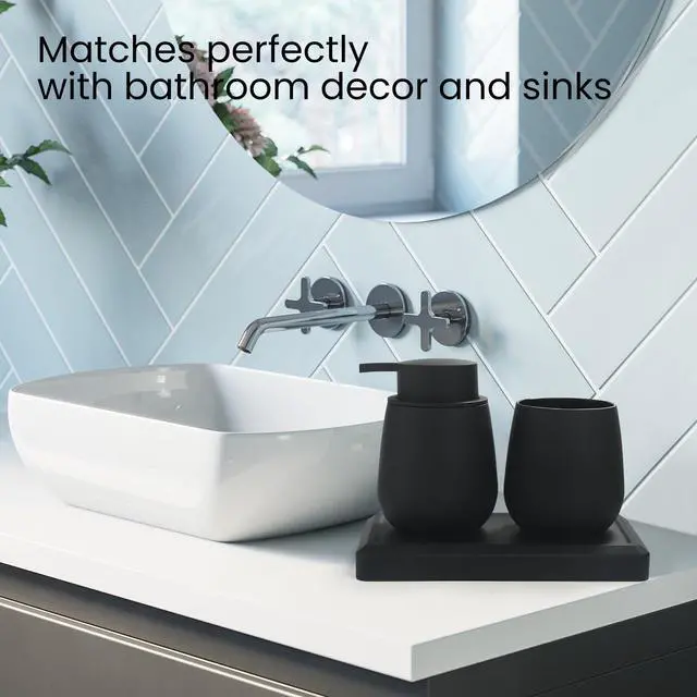 Alt view image 3 of 7 - Black Bathroom Accessories Set, Modern 3 Pcs Bathroom Essentials - Soap Dispenser, Toothbrush Holder & Tray, Countertop Vanity Organizer (Black)