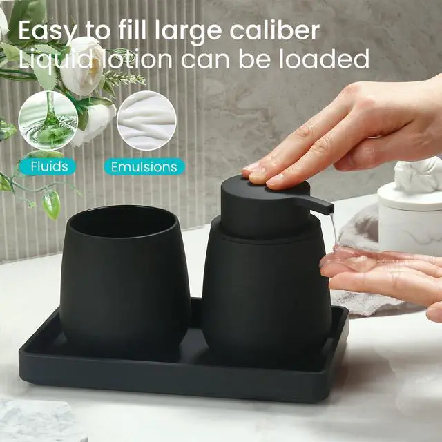 Alt view image 4 of 7 - Black Bathroom Accessories Set, Modern 3 Pcs Bathroom Essentials - Soap Dispenser, Toothbrush Holder & Tray, Countertop Vanity Organizer (Black)