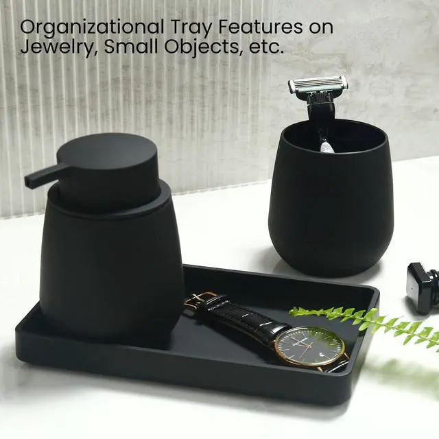 Alt view image 6 of 7 - Black Bathroom Accessories Set, Modern 3 Pcs Bathroom Essentials - Soap Dispenser, Toothbrush Holder & Tray, Countertop Vanity Organizer (Black)