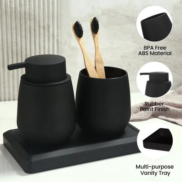 Alt view image 7 of 7 - Black Bathroom Accessories Set, Modern 3 Pcs Bathroom Essentials - Soap Dispenser, Toothbrush Holder & Tray, Countertop Vanity Organizer (Black)
