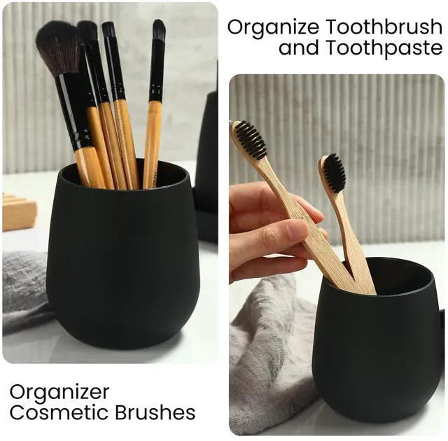 Alt view image 5 of 7 - Black Bathroom Accessories Set, Modern 3 Pcs Bathroom Essentials - Soap Dispenser, Toothbrush Holder & Tray, Countertop Vanity Organizer (Black)