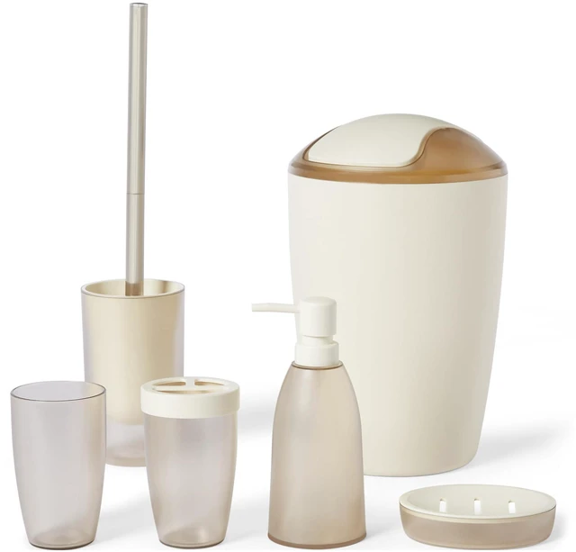 Main image of 6-Piece Bathroom Accessory Set with Toothbrush Holder, Soap Dispenser, Soap Dish, Toothbrush Cup, Trash Can and Toilet Brush & Holder, Ivory