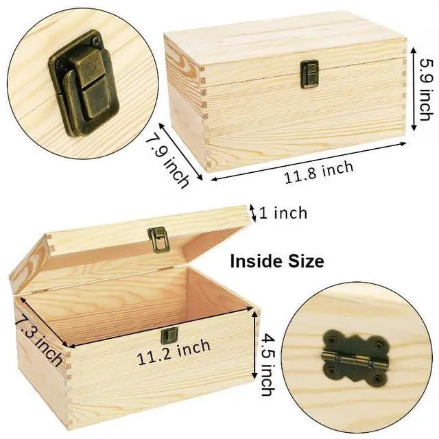 Alt view image 2 of 7 - Unfinished Wooden Box with Hinged Lid, 12 x 8 x 6 Inch Large Memory Box for Crafts, Unpainted DIY Gifts Box for Jewelry Storage, Treasure Chest, Art Hobbies, Front Clasp