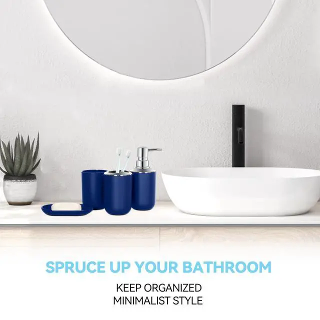 Alt view image 2 of 6 - Blue Bathroom Accessories Set 4 PCS, Blue Bathroom Accessories, Plastic Soap Dispenser and Toothbrush Holder Set, Soap Dish and Mouthwash Cup, Boho Bathroom Decor, Bathroom Set